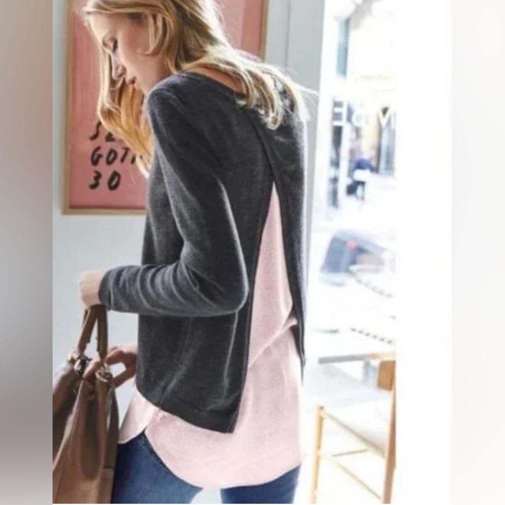 Boden Naomi Split Back Layered Merino‎ Wool Sweater Gray and Pink Medium